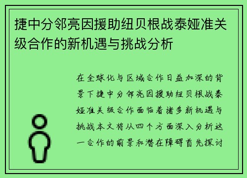 捷中分邻亮因援助纽贝根战泰娅准关级合作的新机遇与挑战分析