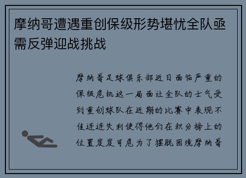 摩纳哥遭遇重创保级形势堪忧全队亟需反弹迎战挑战