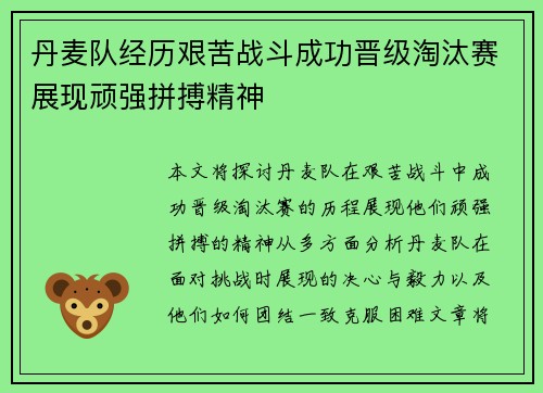 丹麦队经历艰苦战斗成功晋级淘汰赛展现顽强拼搏精神