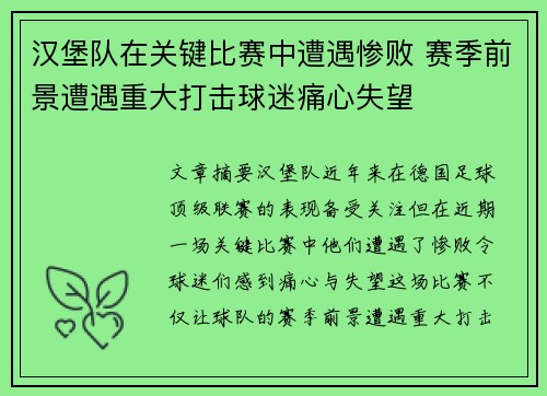 汉堡队在关键比赛中遭遇惨败 赛季前景遭遇重大打击球迷痛心失望