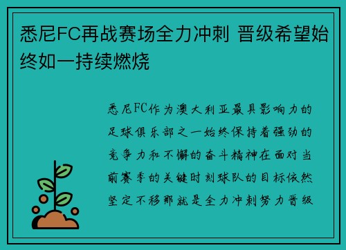 悉尼FC再战赛场全力冲刺 晋级希望始终如一持续燃烧