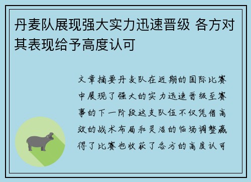 丹麦队展现强大实力迅速晋级 各方对其表现给予高度认可