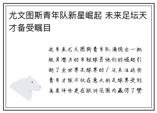 尤文图斯青年队新星崛起 未来足坛天才备受瞩目