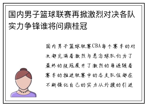国内男子篮球联赛再掀激烈对决各队实力争锋谁将问鼎桂冠
