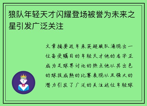 狼队年轻天才闪耀登场被誉为未来之星引发广泛关注