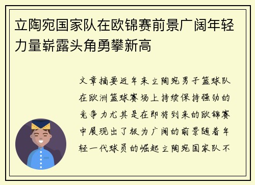 立陶宛国家队在欧锦赛前景广阔年轻力量崭露头角勇攀新高