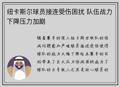 纽卡斯尔球员接连受伤困扰 队伍战力下降压力加剧